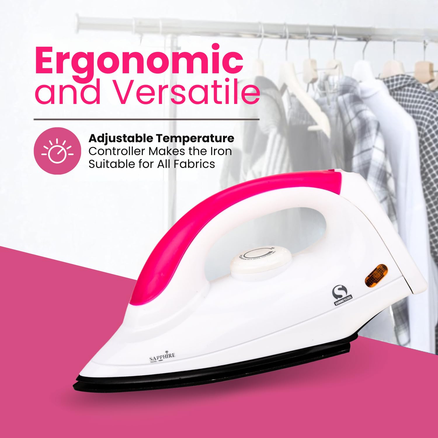 SUMMERCOOL Saphire 750 watt Light Weight Iron Press | Dry Iron | Non-Stick Soleplate | Electric Iron Press | Opti temp technology |Shock Proof Plasti | Automatic shut-off (White) - Image 3