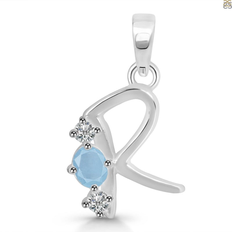 Aquamarine & White Topaz Alphabet R Pendant (AQM-RDA-70)