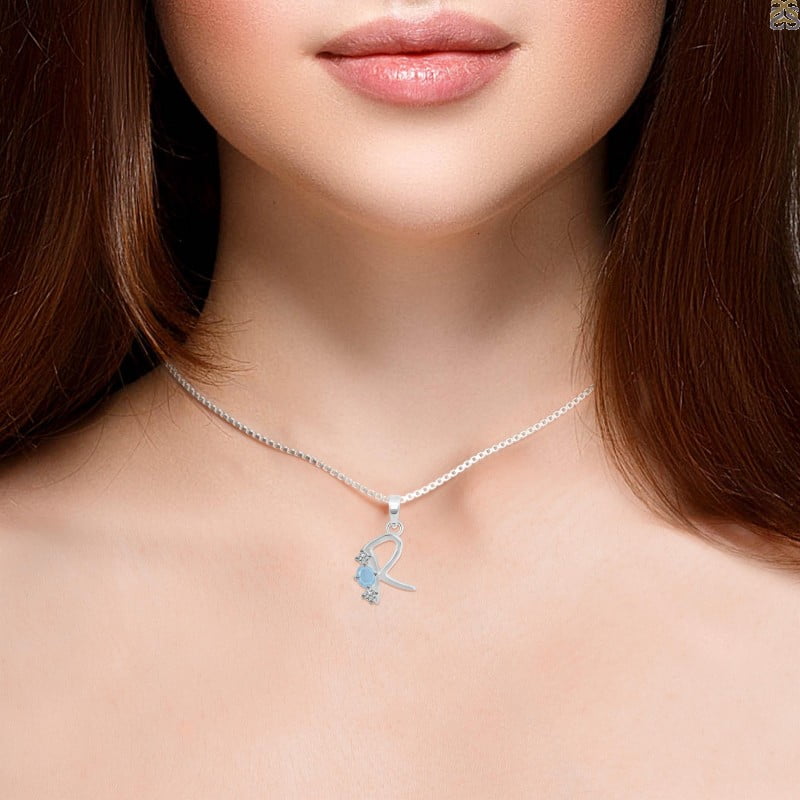 Aquamarine & White Topaz Alphabet R Pendant (AQM-RDA-70) - Image 3