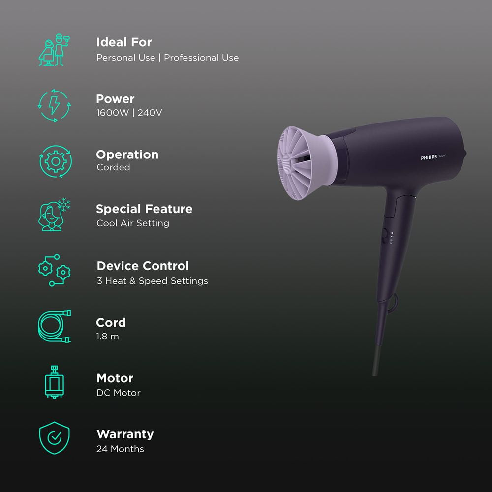 PHILIPS 3000 Series Hair Dryer with 3 Heat Settings & Cool Air Function (Ionic Technology, Purple) - Image 2