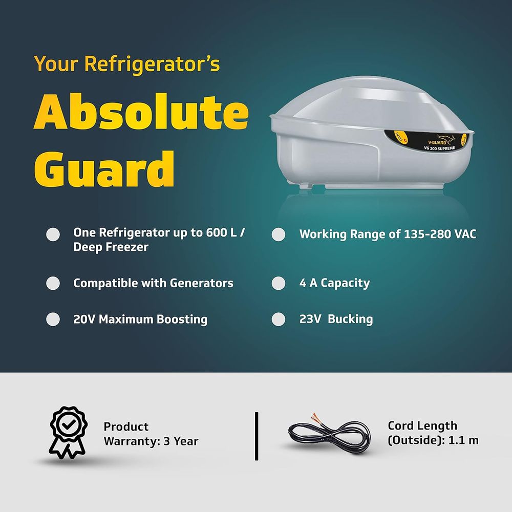 V-GUARD 4 Amps Voltage Stabilizer For Up to 600 Litres Refrigerator + 1 Deep Freezer (135 - 280 V, Fail Safe Circuit Protection, VG 100, Grey) - Image 2