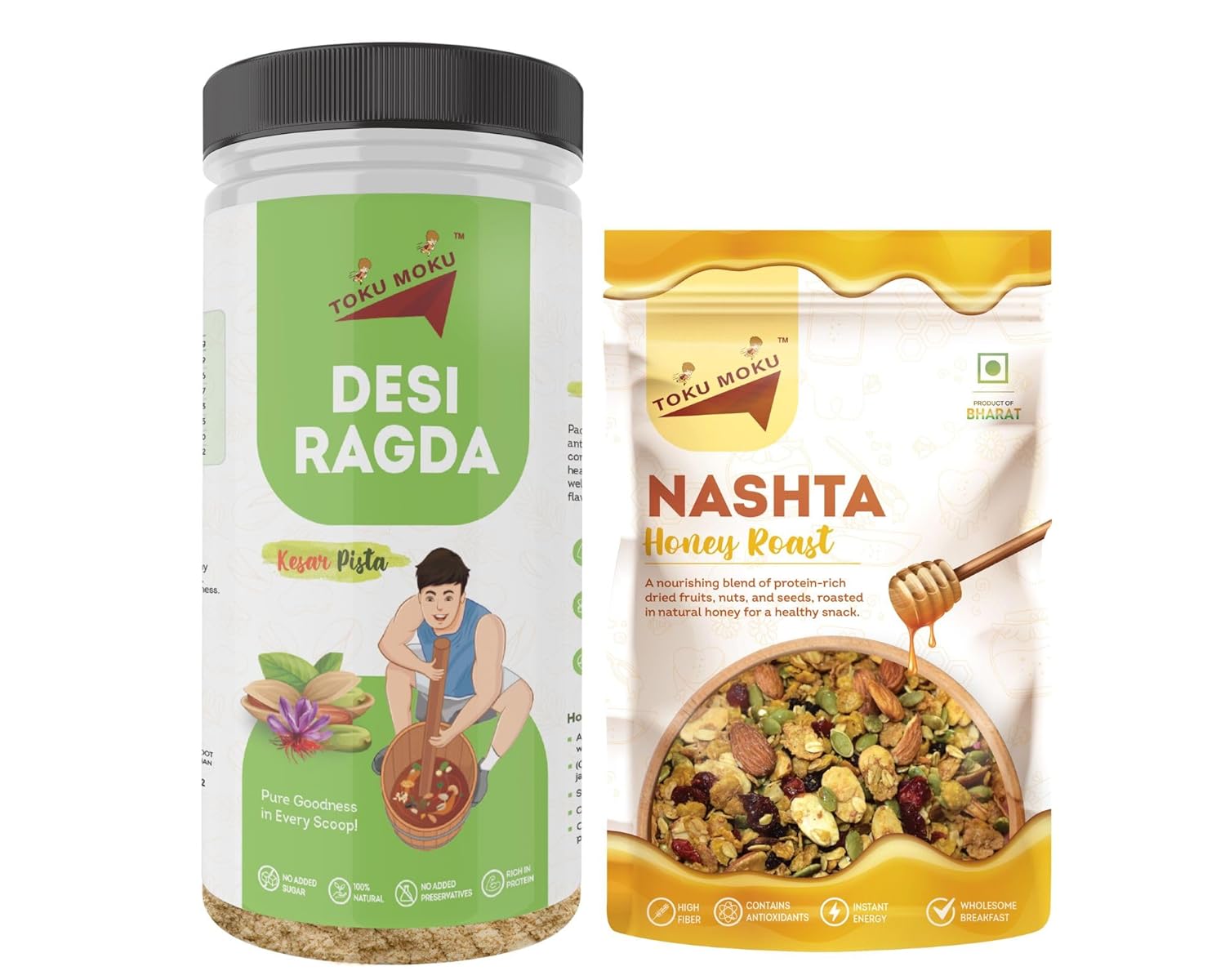 TOKU MOKU- Desi Ragda Kesar Pista | Protein-Rich Dried Fruits and Nuts Jar with Honey Roast Cereal Pouch