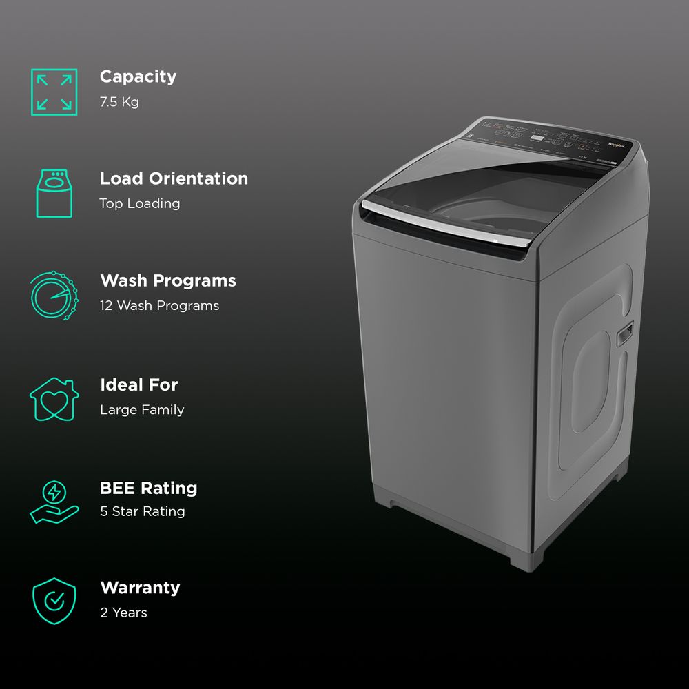 Whirlpool 7.5 kg 5 Star Fully Automatic Top Load Washing Machine (StainWash Pro, 31631, In-built Heater, Grey) - Image 10